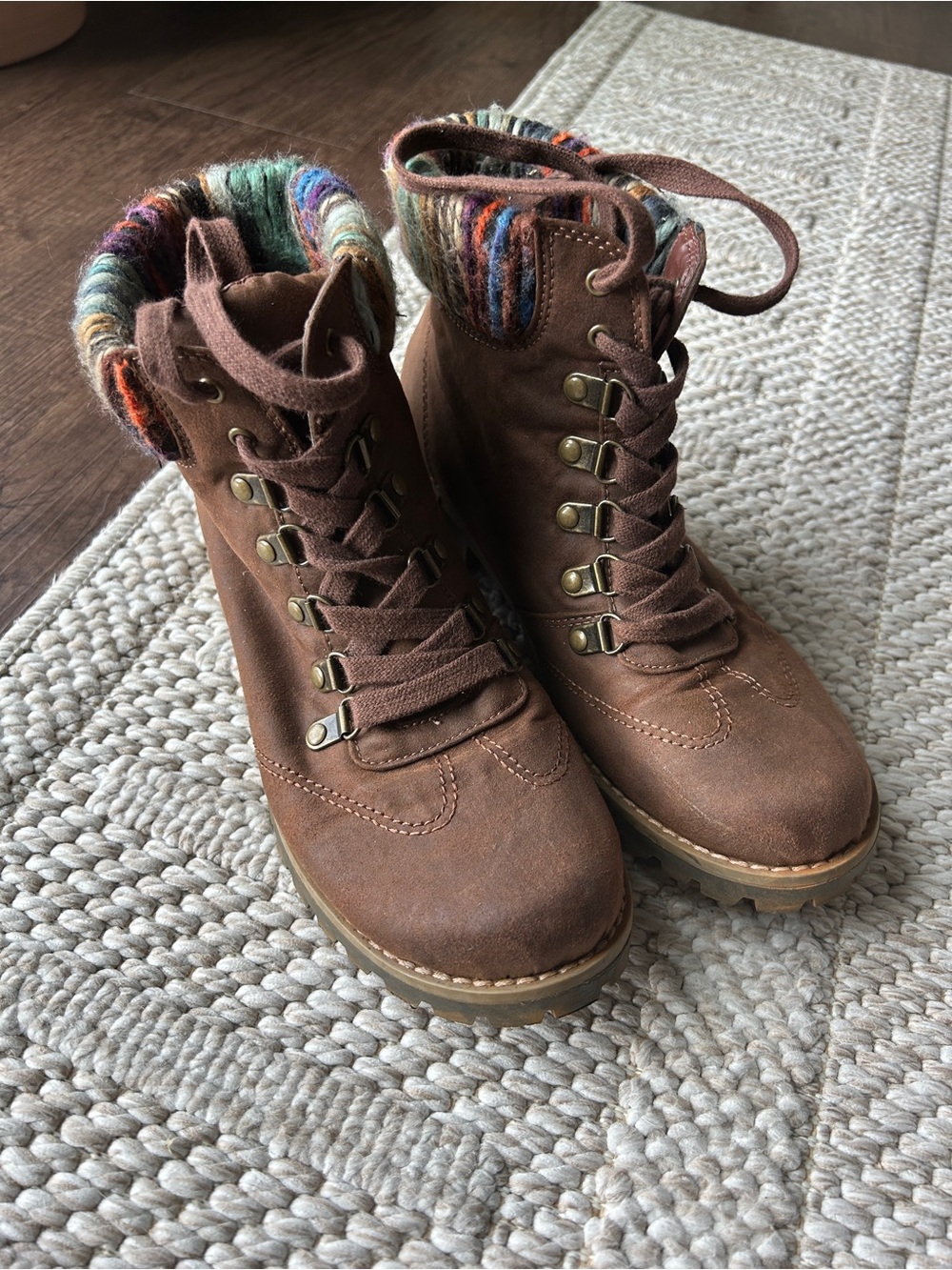 Cliffs White Mo Brown Lace-Up Faux-Suede Ankle Boots with Multicolor Knit Cuff